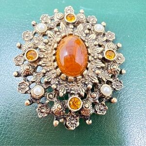 Vintage 1973 Sarah Conventry GOLDEN ERA Amber Floral Statement Brooch
